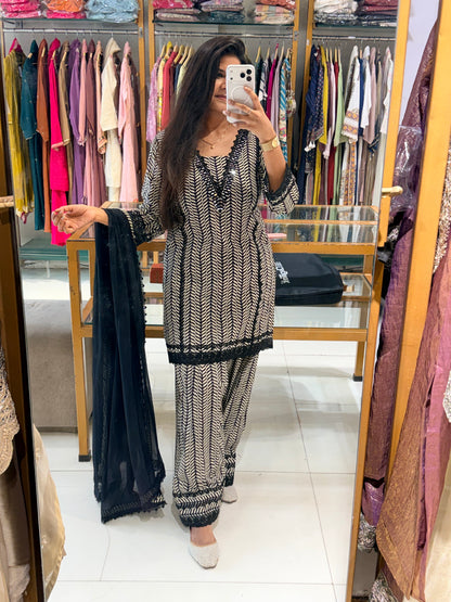 Black n off white stripe mirror work farshi suit
