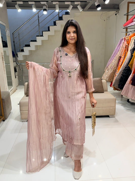 Jewel work crush tisue straight cut suit