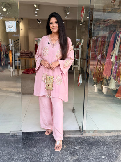 Baggy nude pink crepe embellished co-ord set