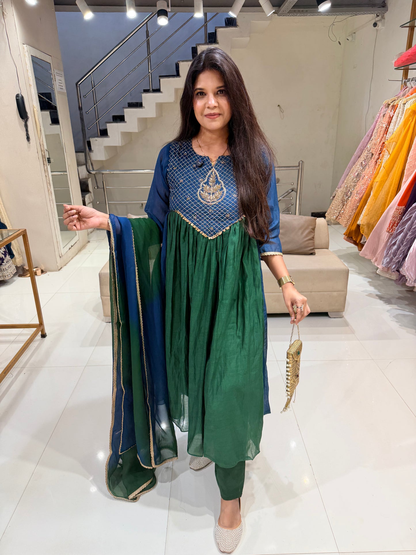 Mull chanderi peacock shades a line suit
