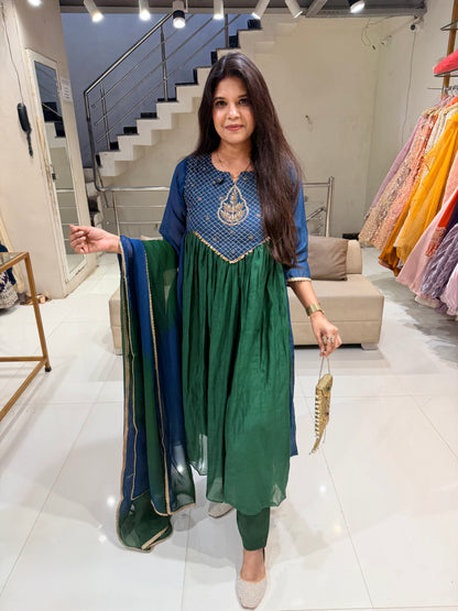 Mull chanderi peacock shades a line suit