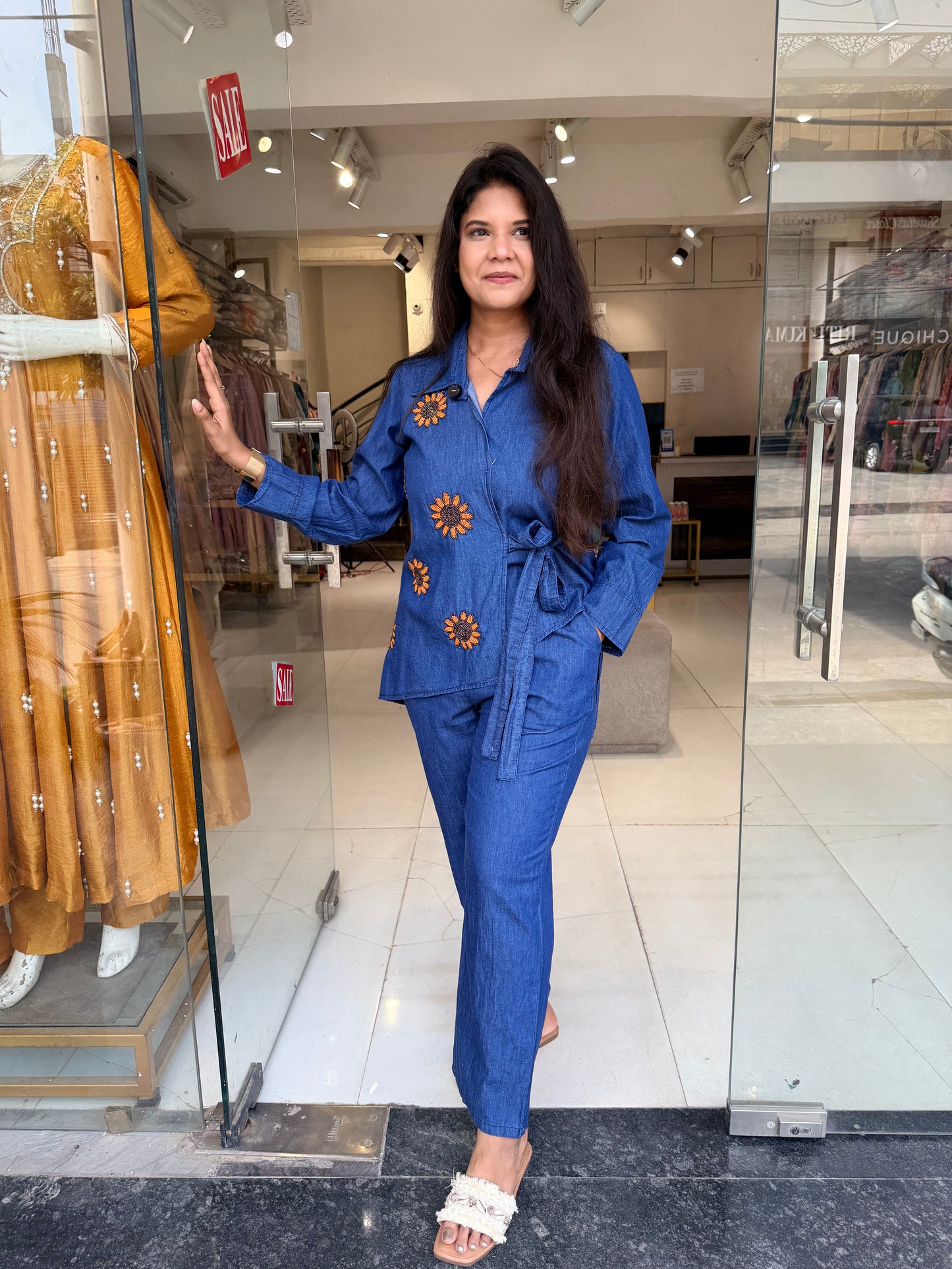 Denim knotted sunflower co-ord set