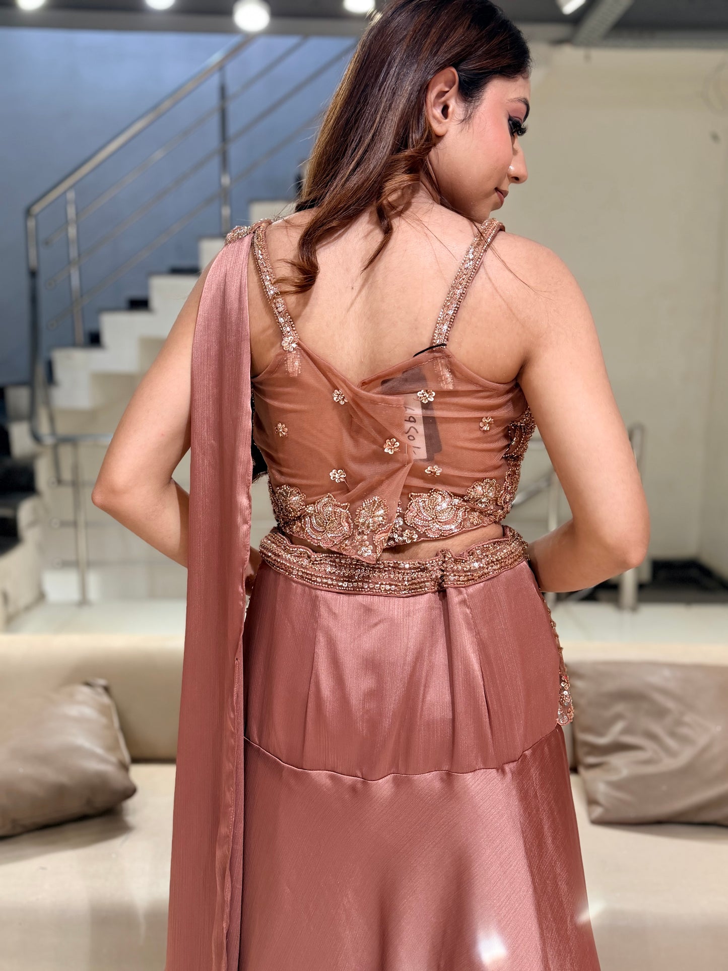Rust brown drape lehenga set