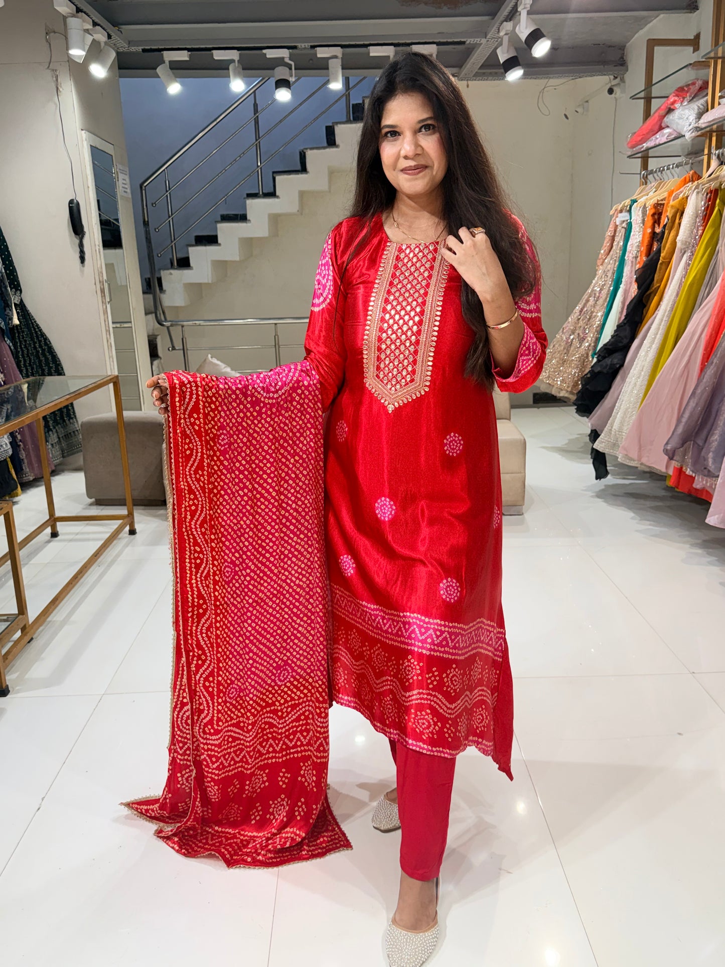 Red bandhani gajji suit