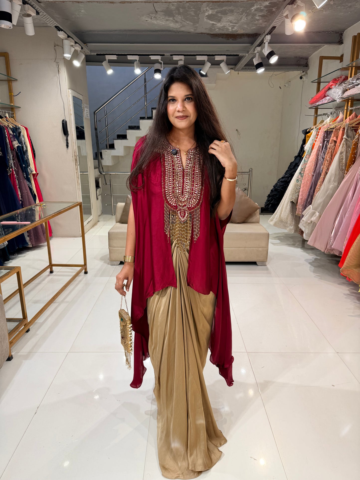 Satin silk indo western cape dress