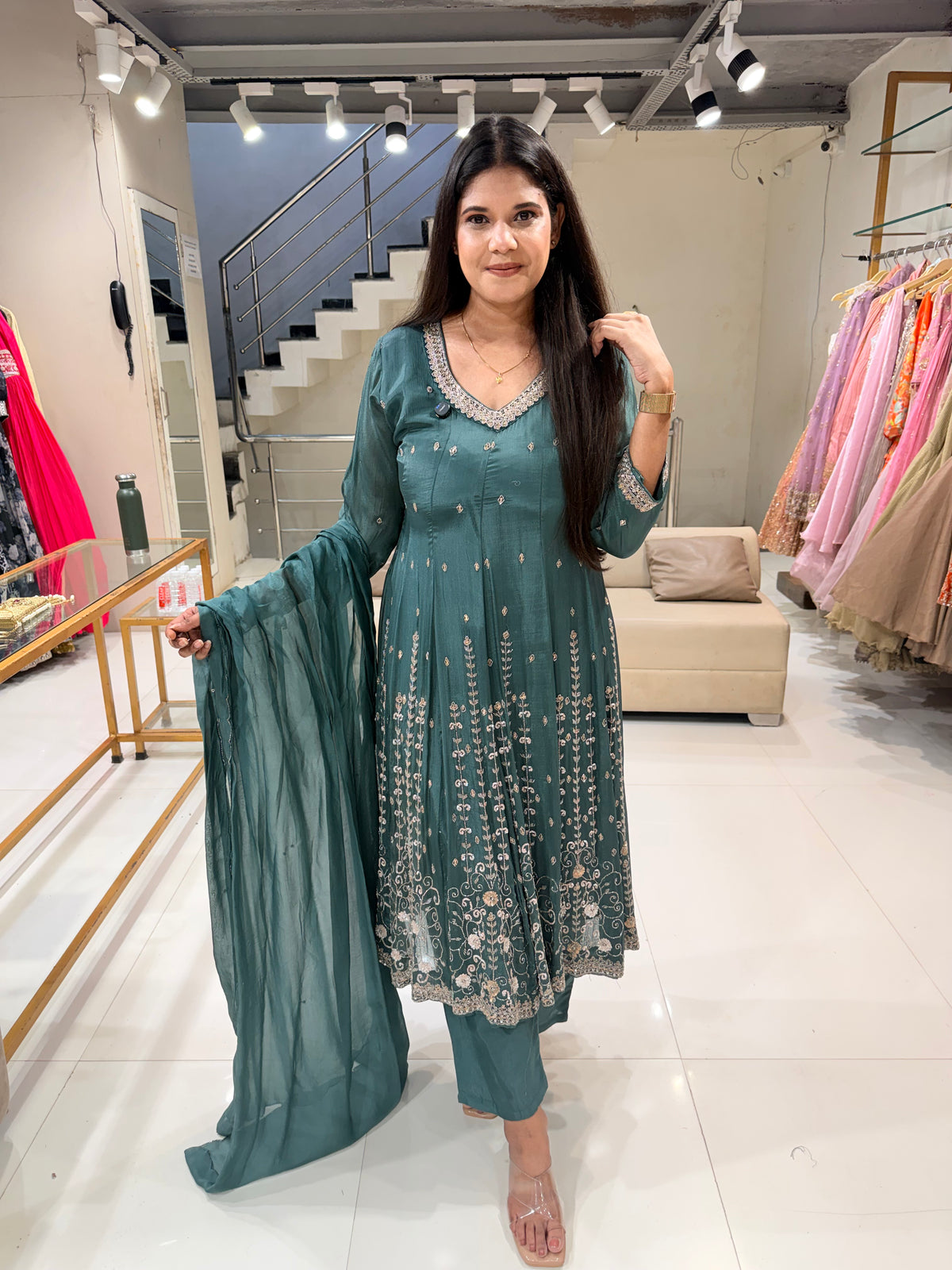Chinon embroidered anarkali suit