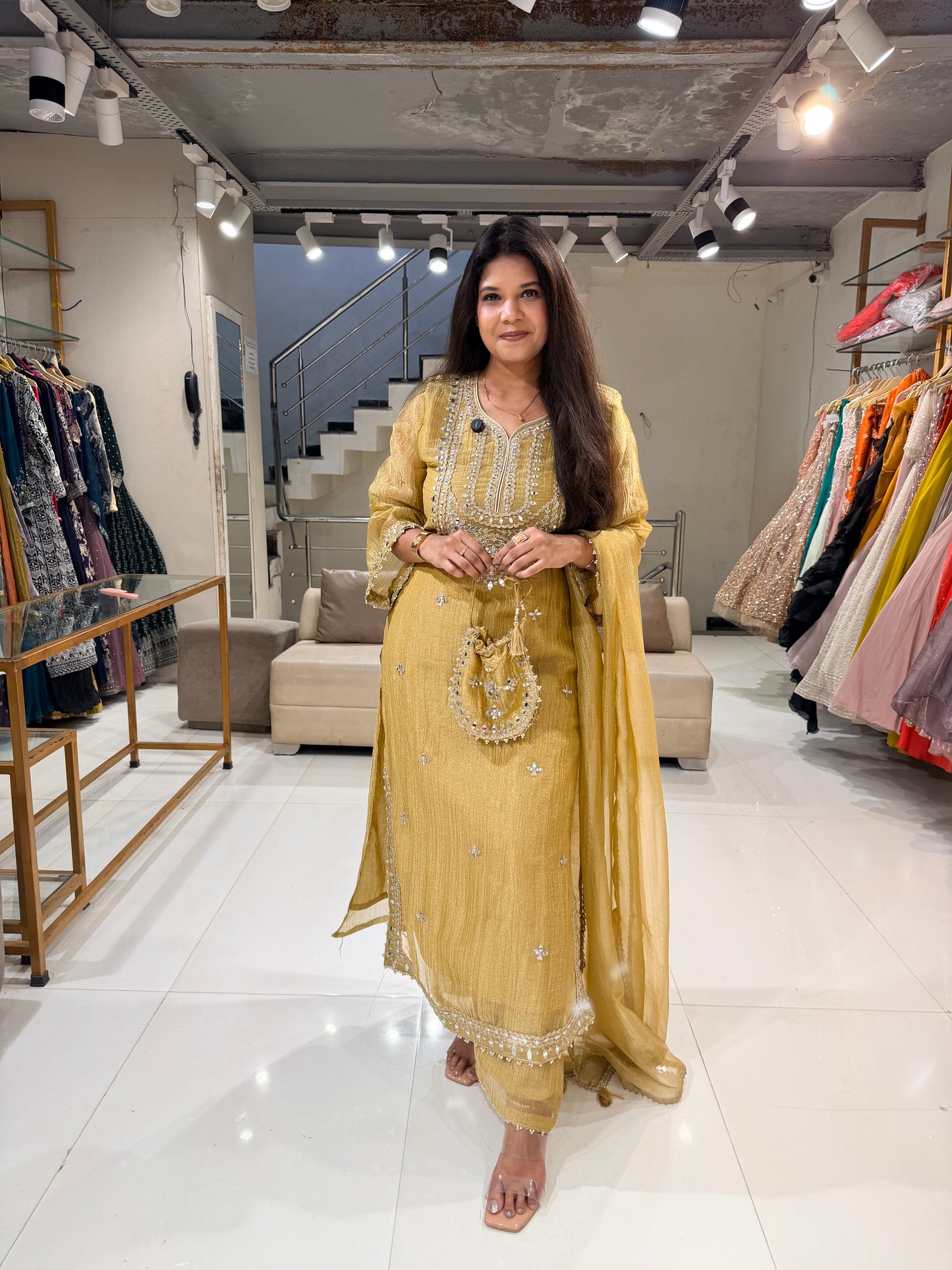 Side cut long crush tissue kurta suit with potli