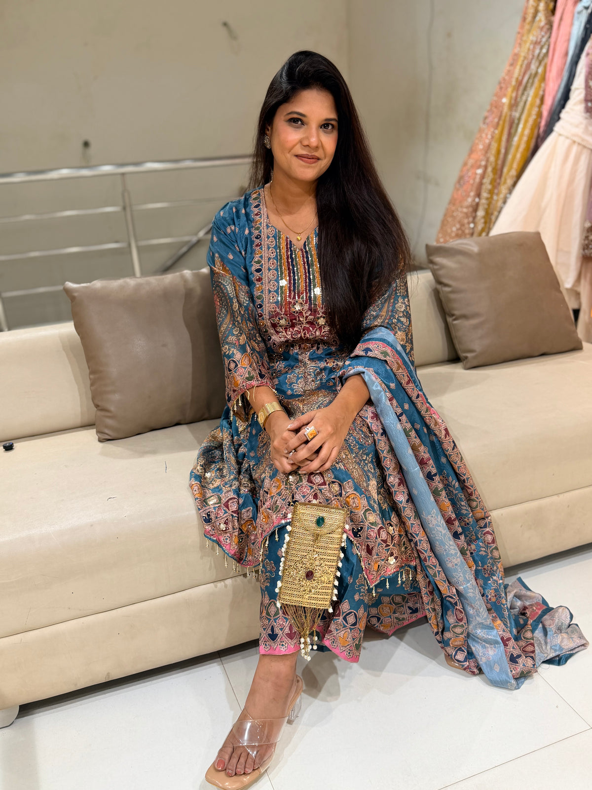 High n low digital print italian crepe suit