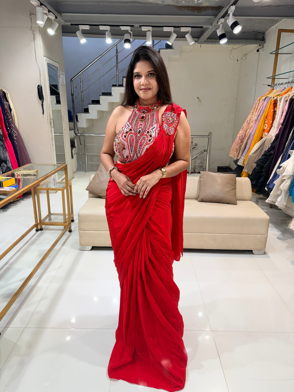 Red halter neck satin silk saree