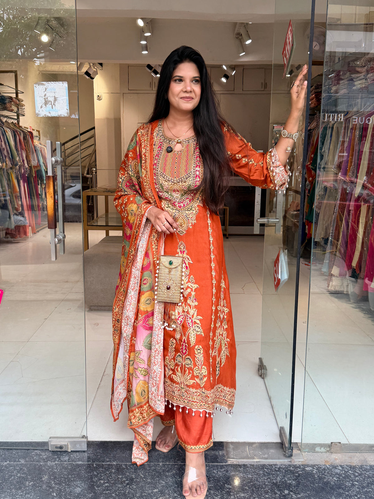 Digital print muslin a line suit