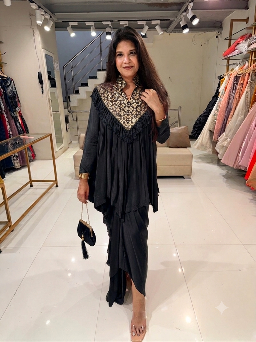 Black satin silk gotapatti cowl dress