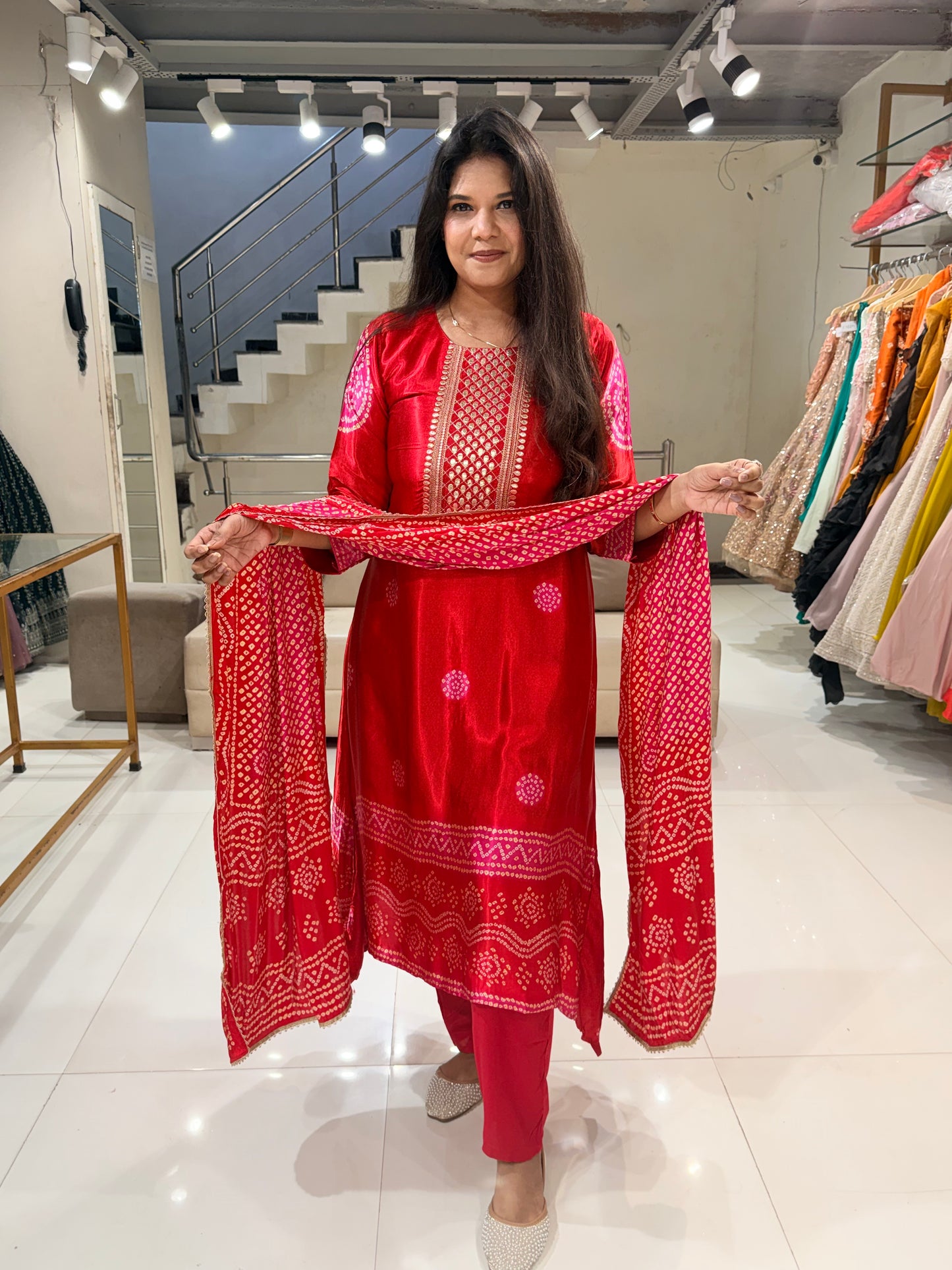 Red bandhani gajji suit