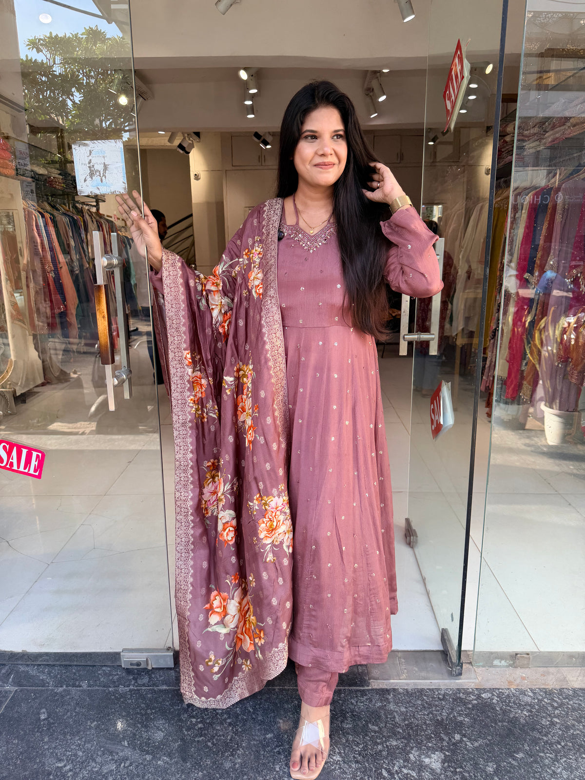 Chinon anarkali with banarasi dupatta