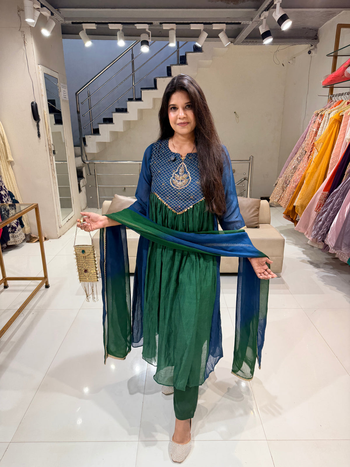 Mull chanderi peacock shades a line suit