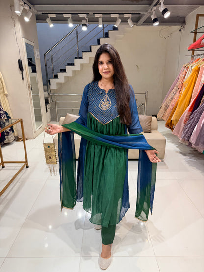Mull chanderi peacock shades a line suit
