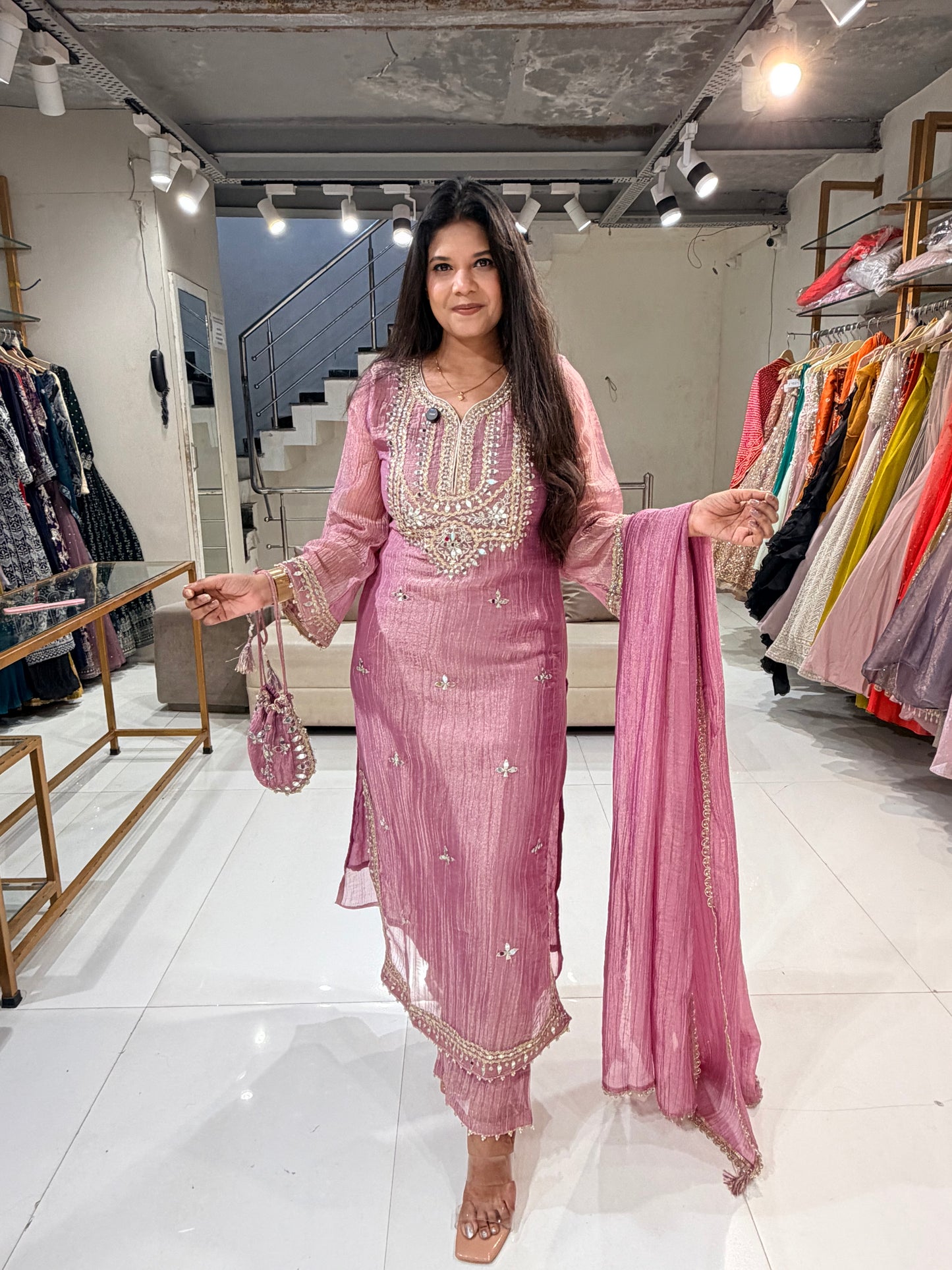 Crush tisue long kurta potli suit