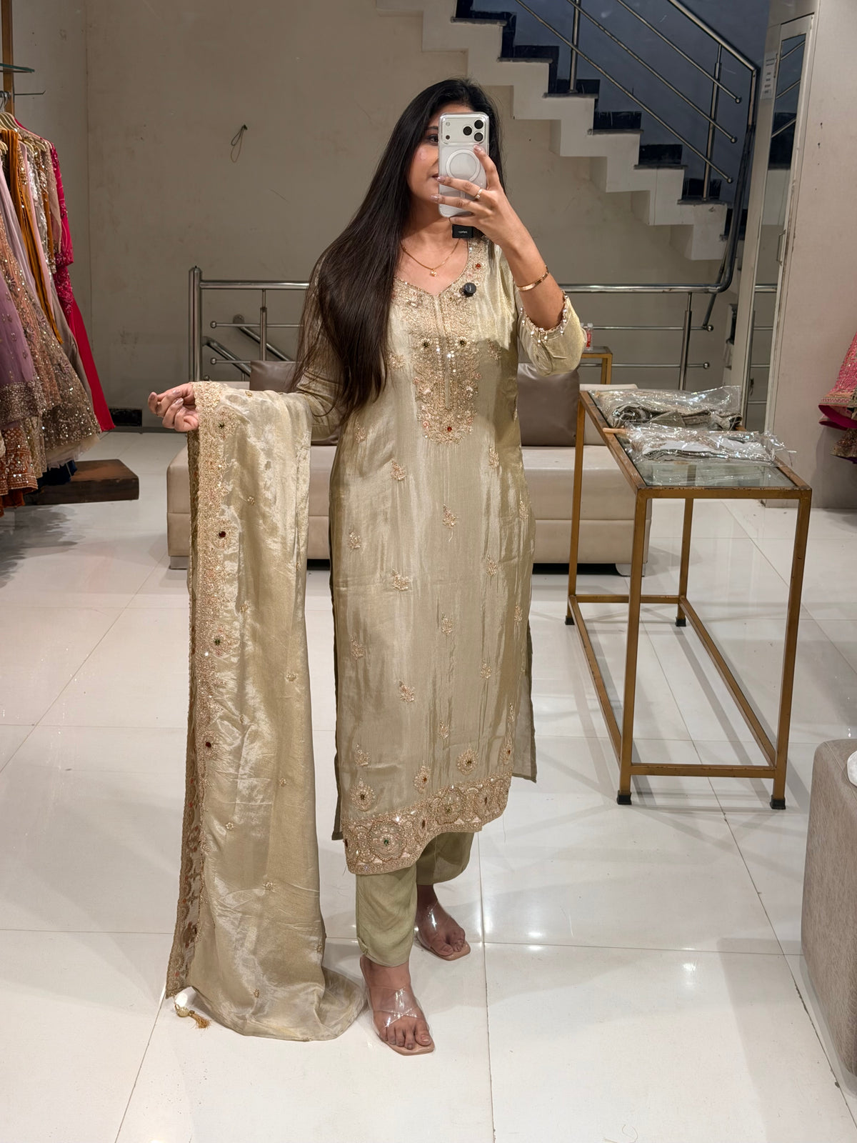 Noor jewel work shimmer tissue straight cut suit