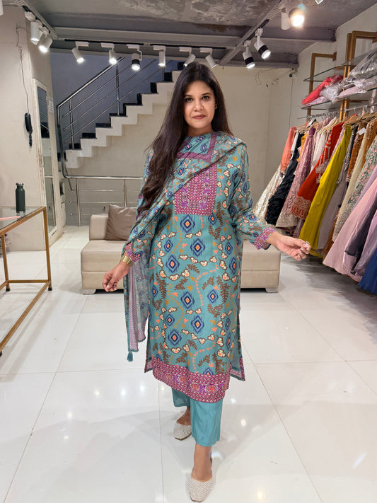 Ikkat print muslin straight cut suit
