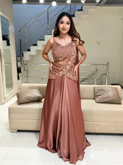 Rust brown drape lehenga set