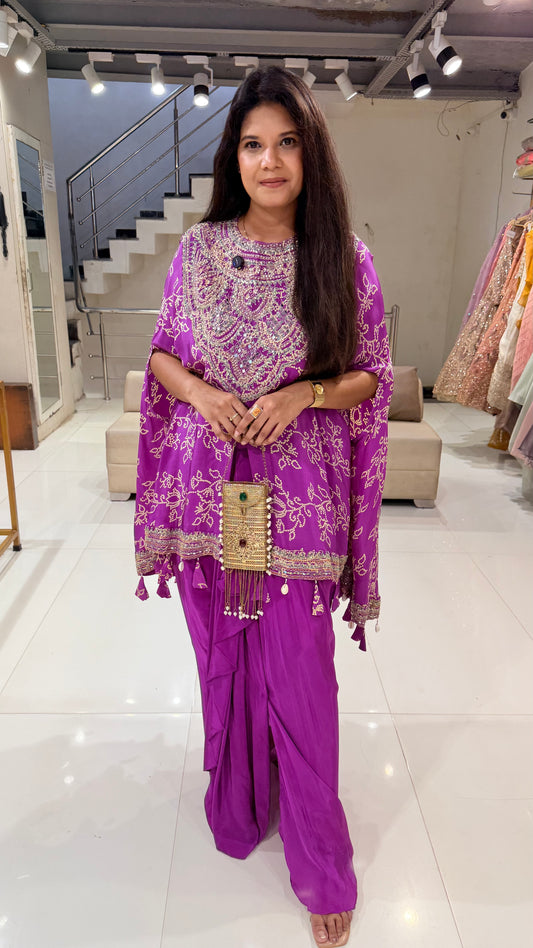 Bandhani cape satin silk indowestern dress