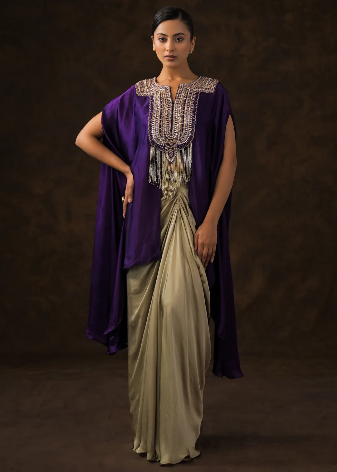 Zamara satin silk embellished cowl cape dress