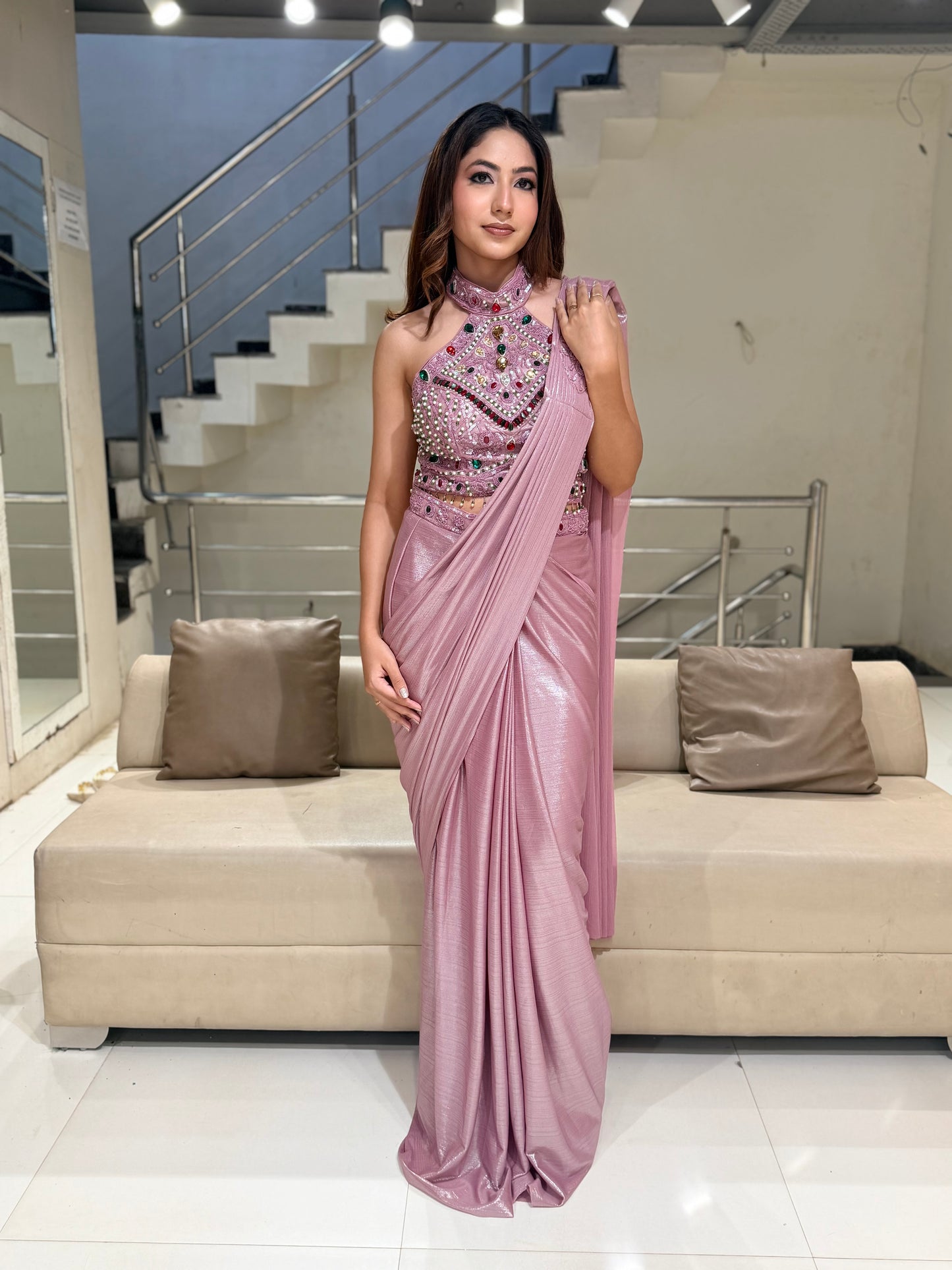Halter neck drape saree