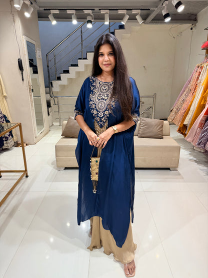 Blue cape indowestern satin silk dress