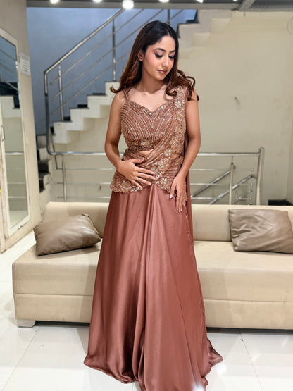 Rust brown drape lehenga set