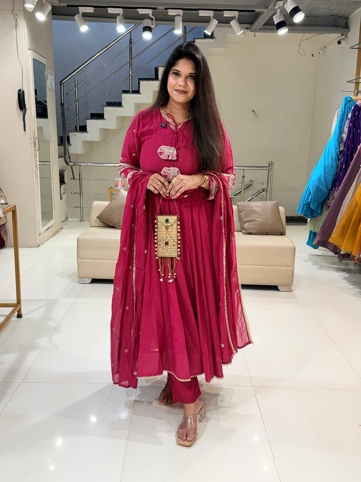 Banarasi Mull chanderi elephant work anarkali suit