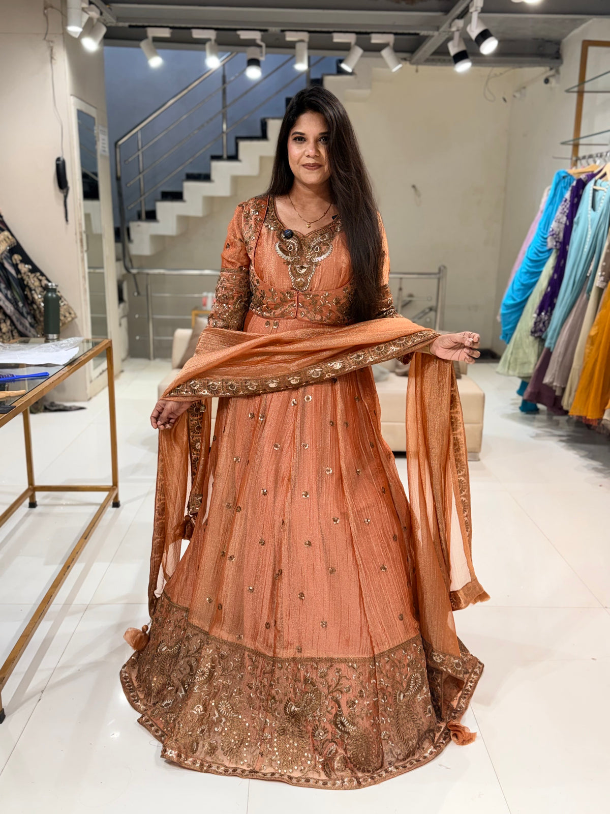 Attached jacket crush tissue anarkali suit