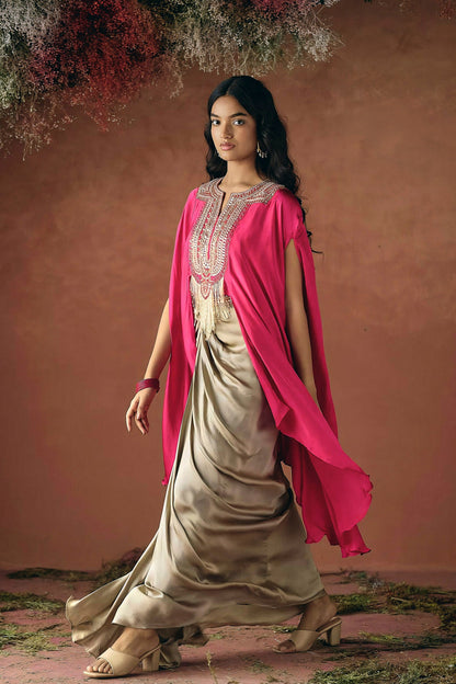 Zamara Satin silk embellished cowl cape dress
