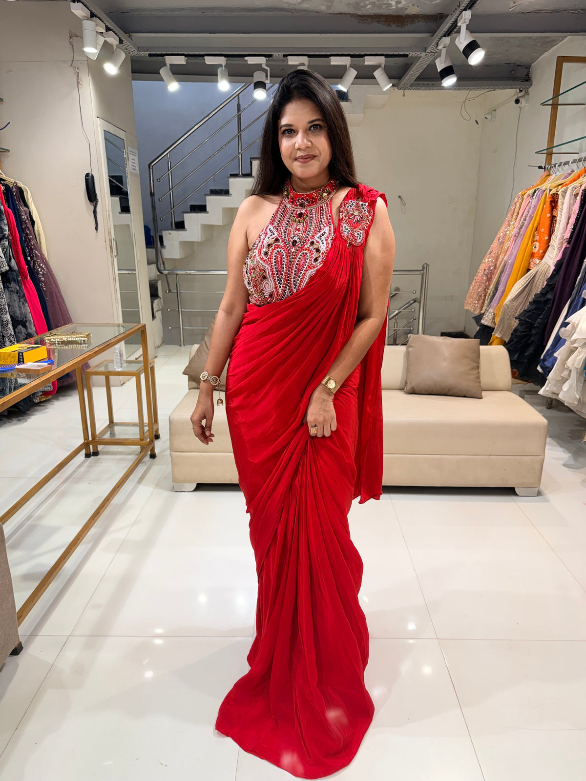 Red halter neck satin silk saree