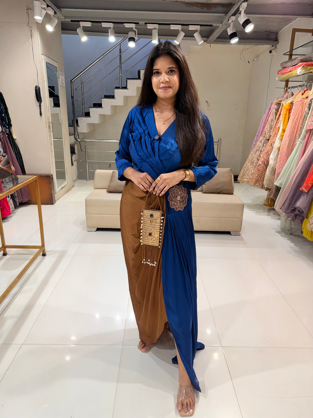 Satin silk half and half one piece maxi dress