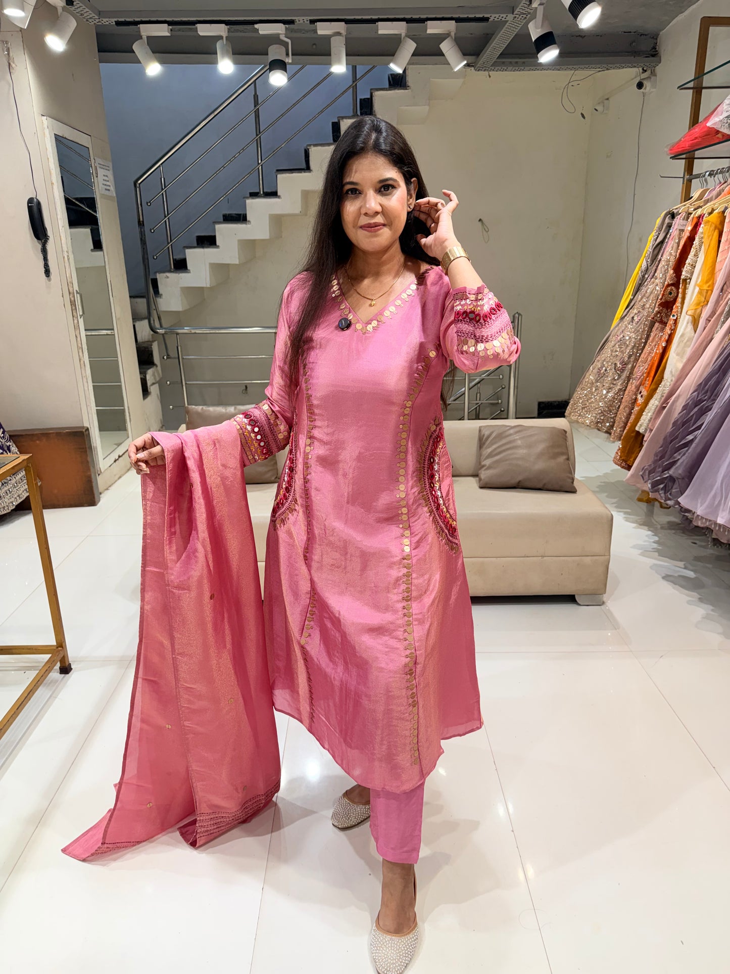 Pital tikka embroided a line suit