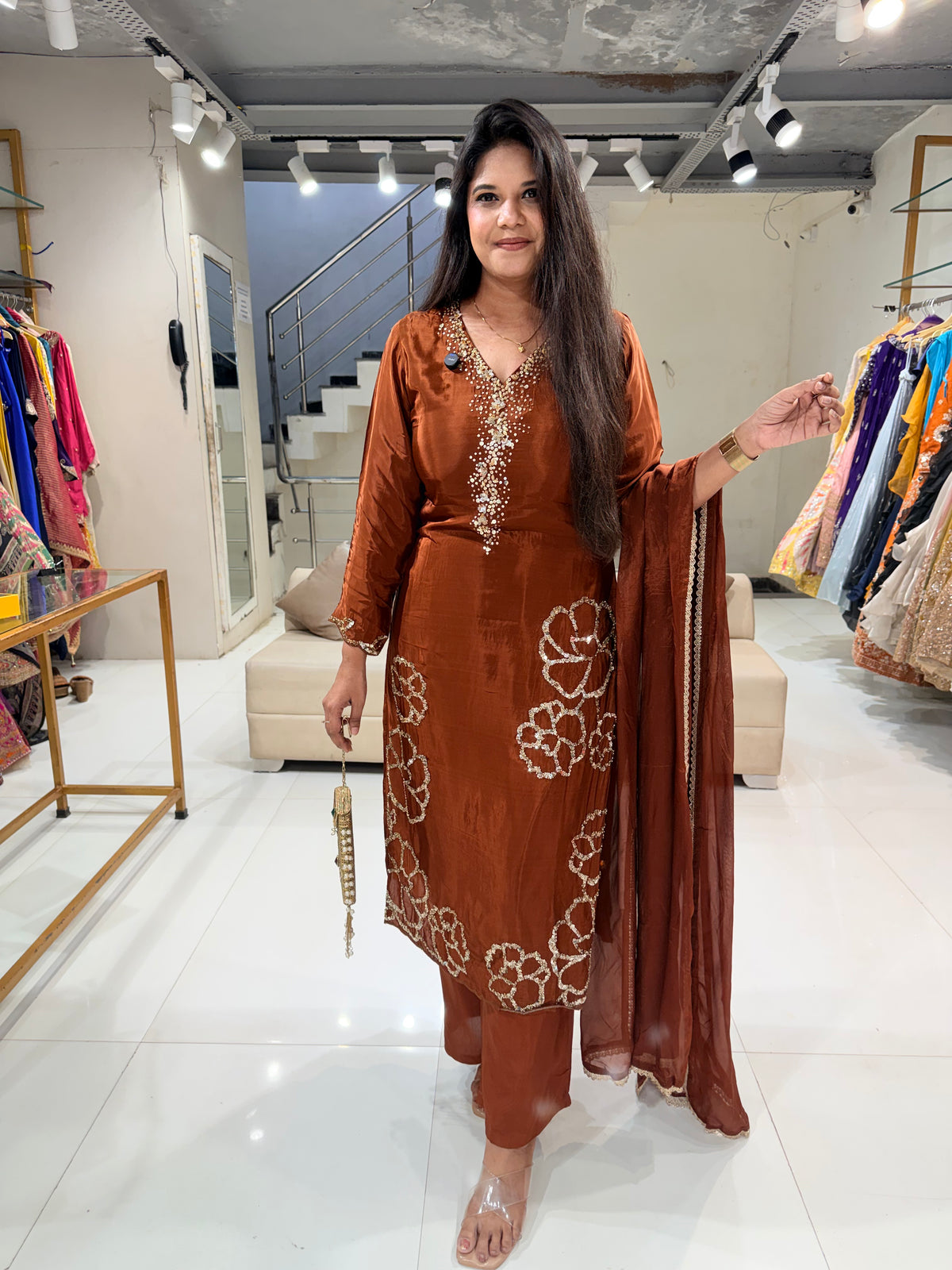 Crepe embellished straight cut suit