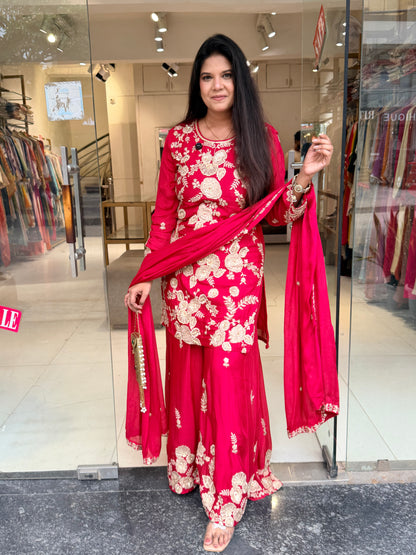Thread embroided chinon sharara suit
