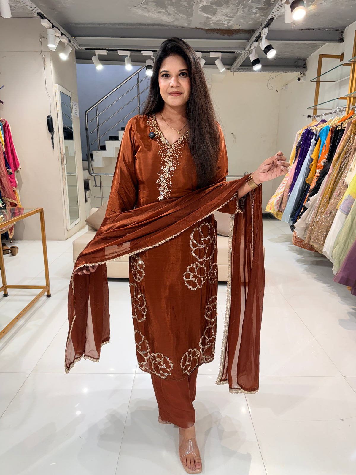Crepe embellished straight cut suit