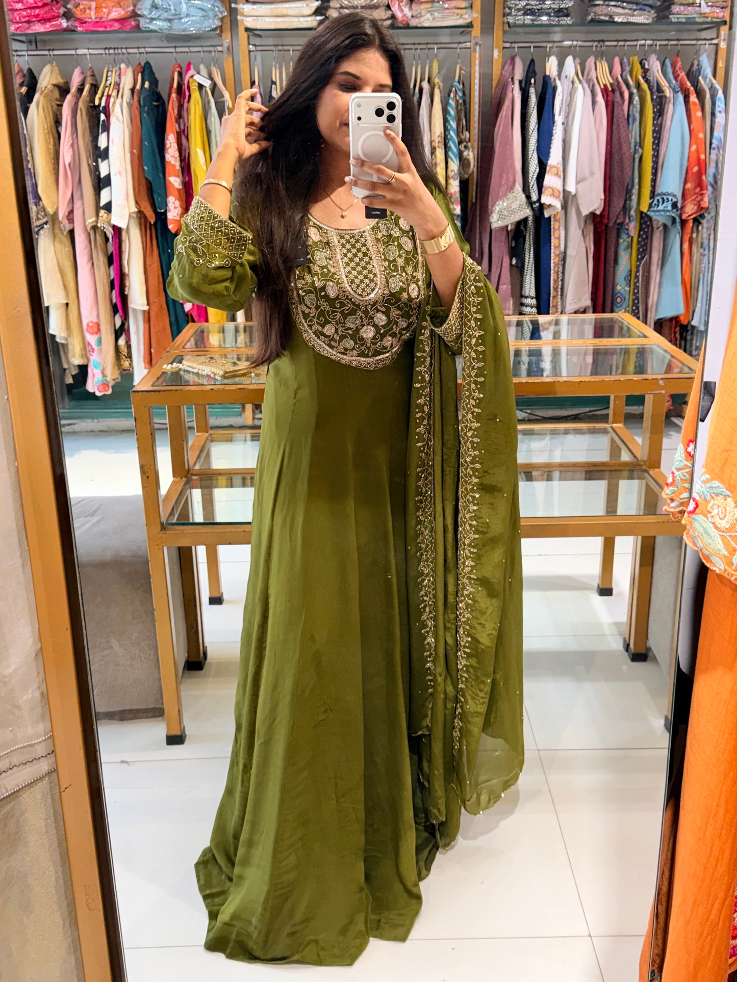 Green chinon anarkali suit