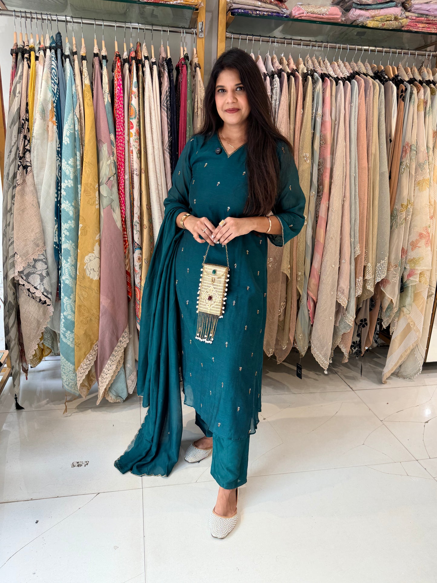 Mull chanderi a line suit