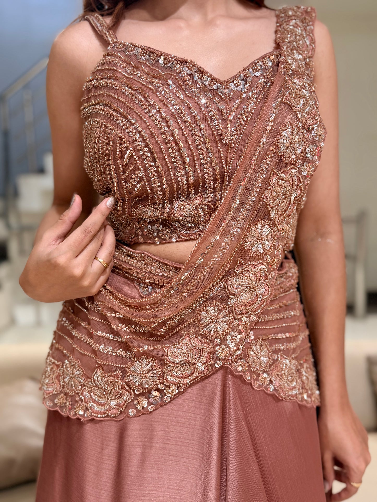 Rust brown drape lehenga set