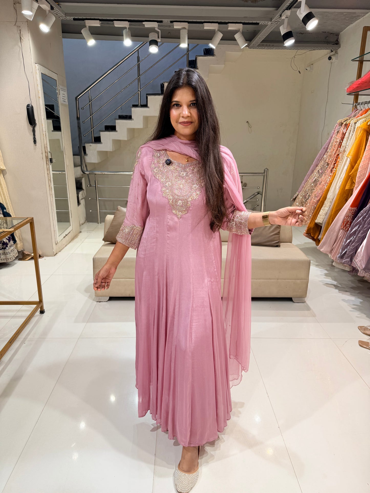 Onion pink chinon embellished anarkali suit