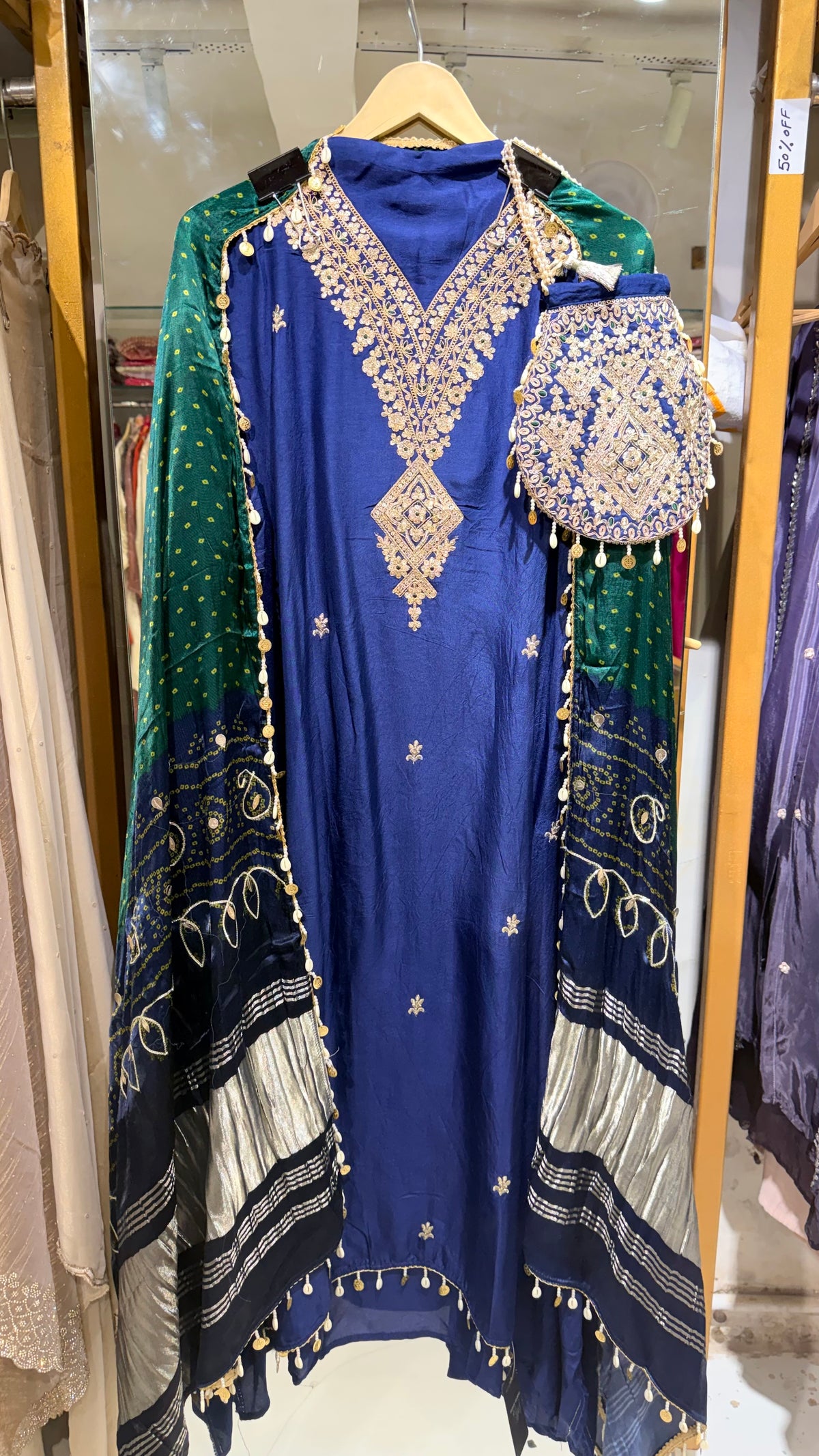 Gajji unstitched suit with potli bags