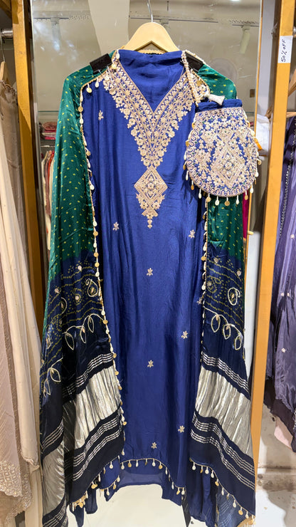 Gajji unstitched suit with potli bags