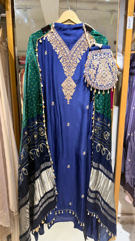 Gajji unstitched suit with potli bags