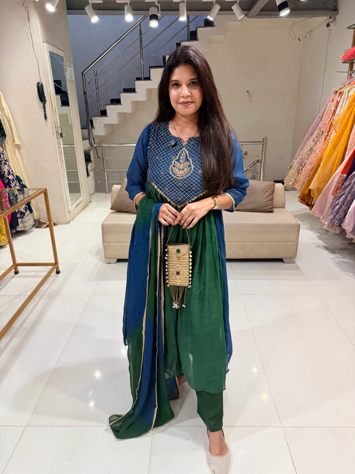 Mull chanderi peacock shades a line suit