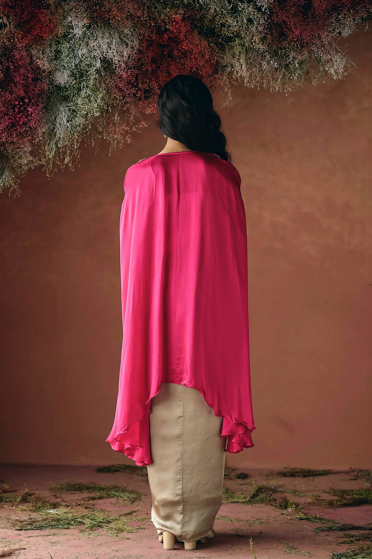 Zamara Satin silk embellished cowl cape dress