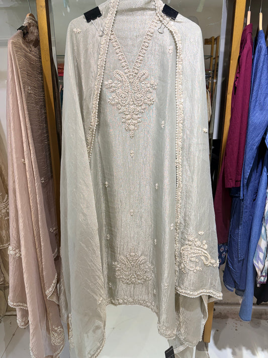 Tissue embellished unstitched suits