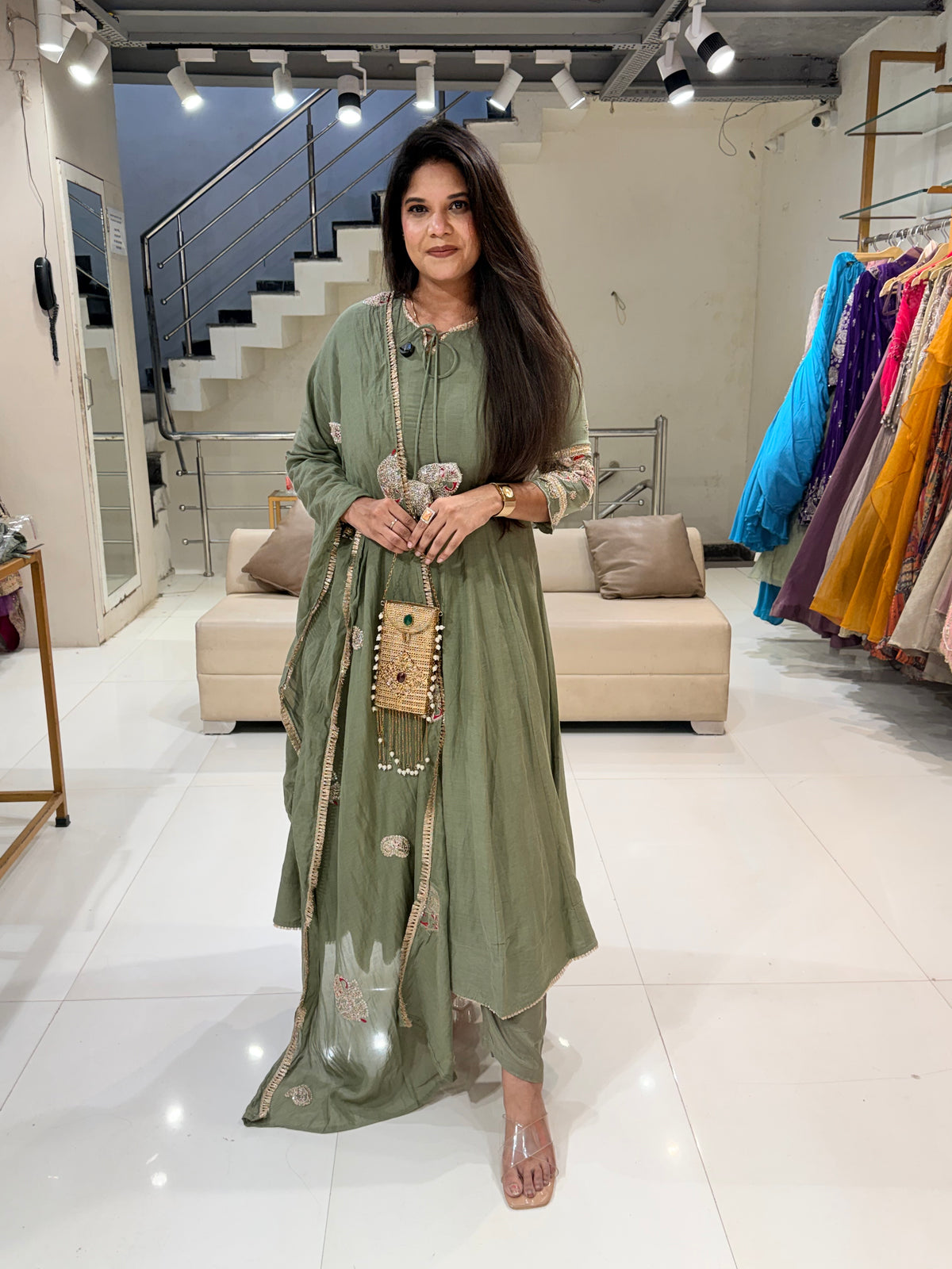 Banarasi Mull chanderi elephant work narkali suit