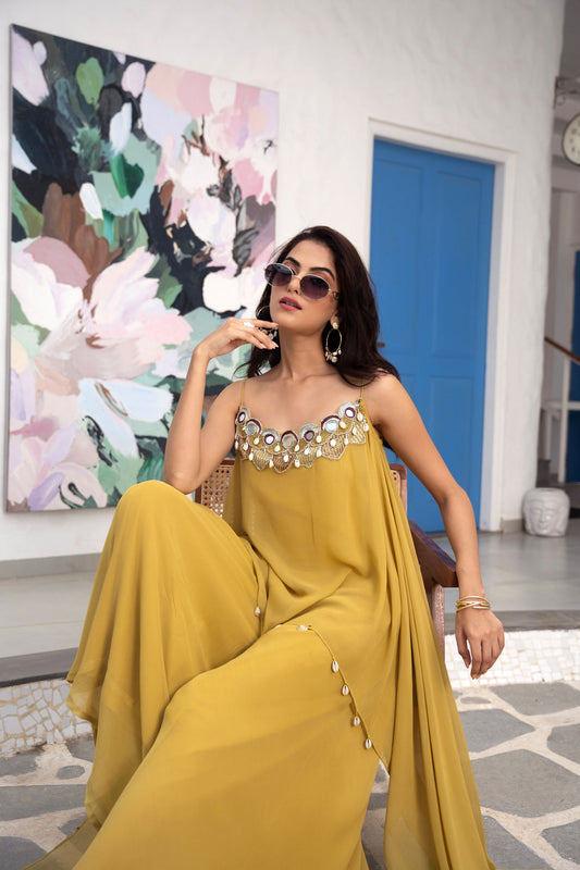 Jahanvi mustard yellow step divider indowestern dress