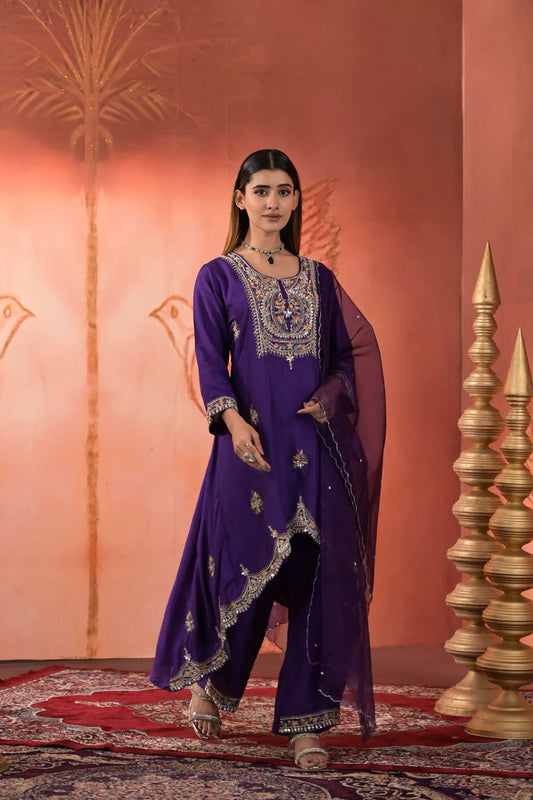 Royal purple embellished high low suit